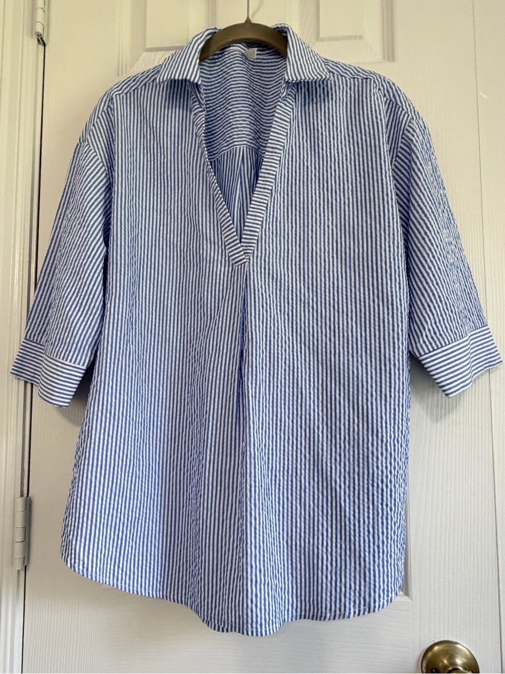 Halara Blue White Seersucker Top No M/L See Measurements coastal grandma